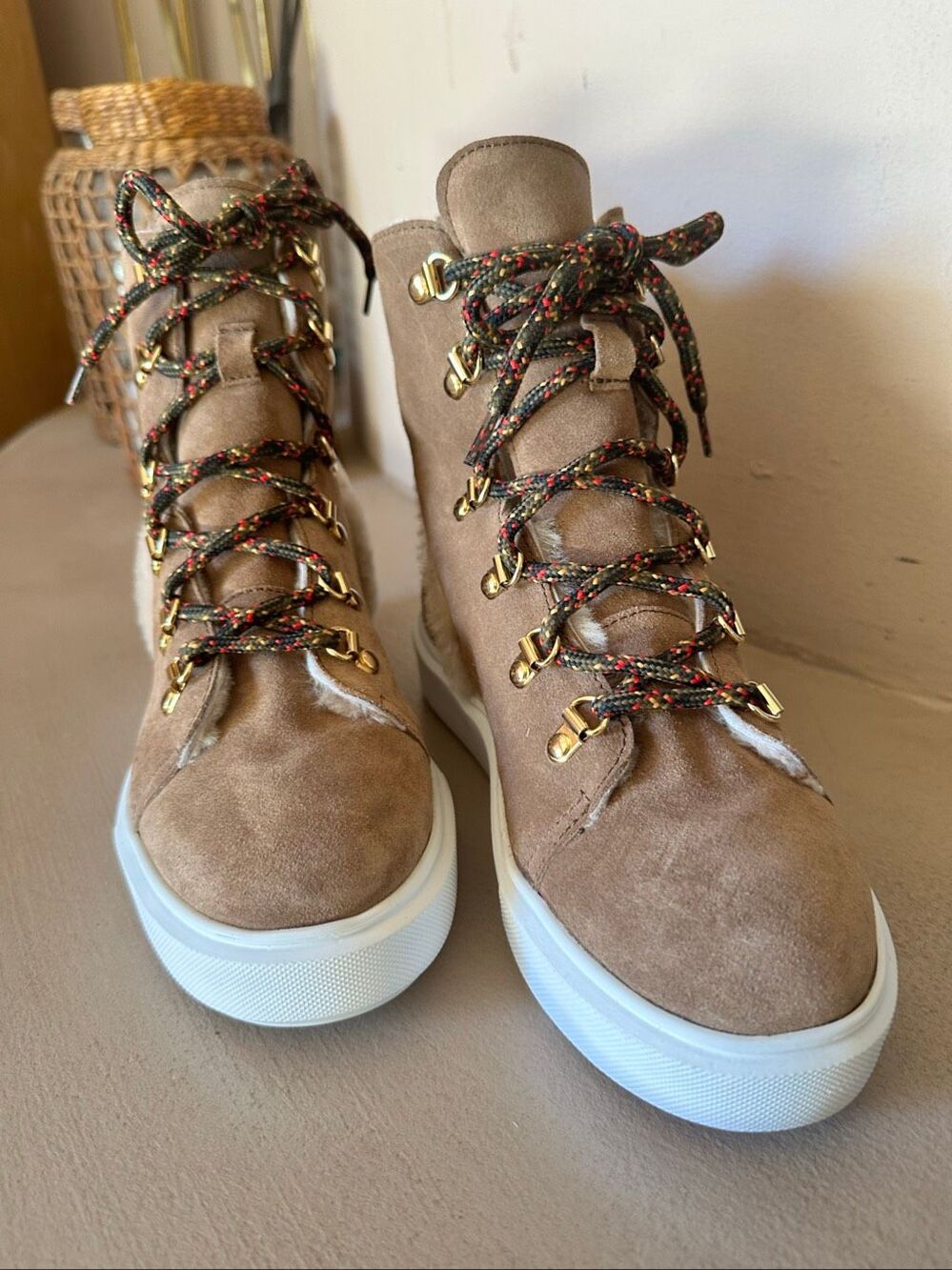 New Casadei Essentials suede and shearling sneaker boots. Lace up platform shoes